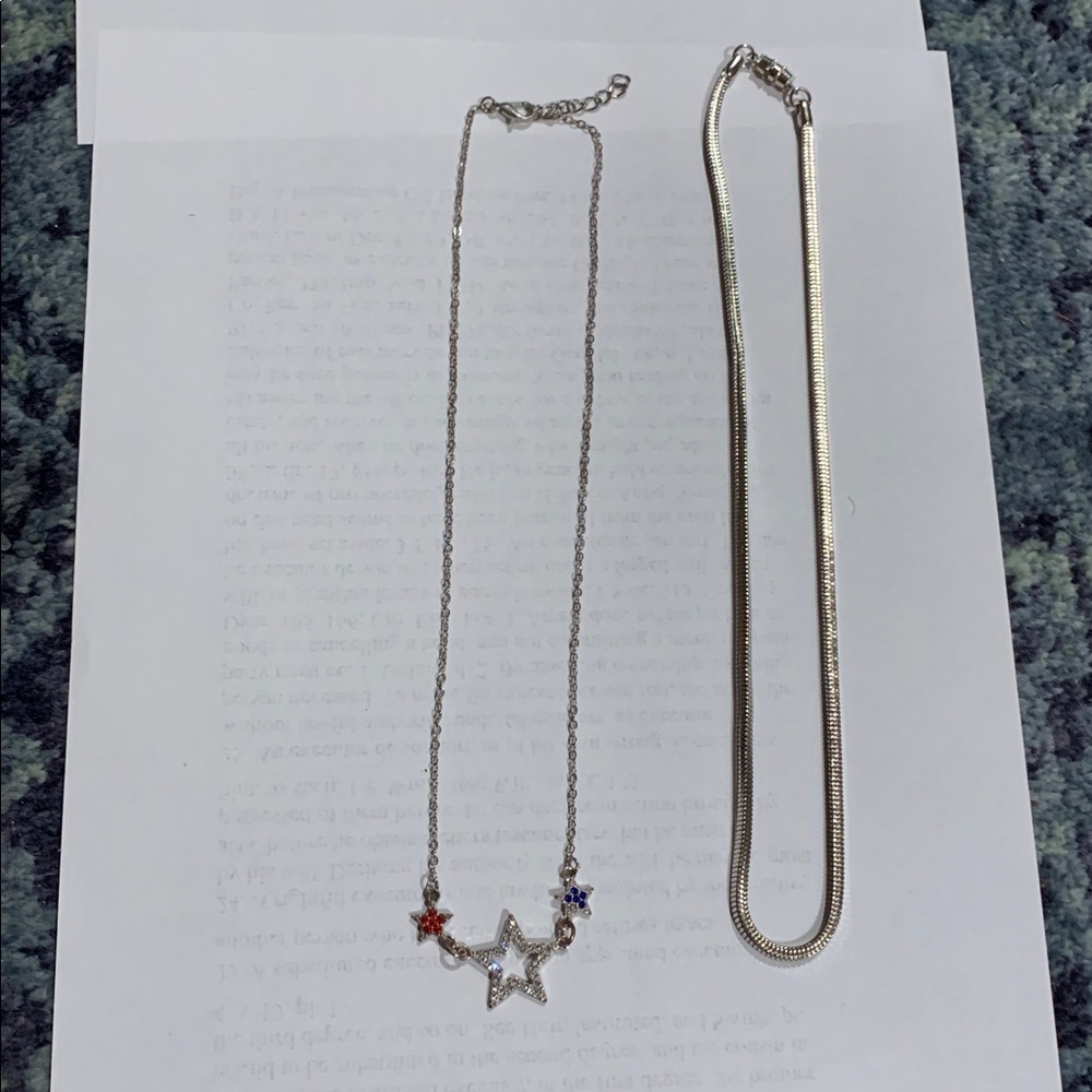 Set of 2: stainless steel snake chain & red white and blue star necklace 18”